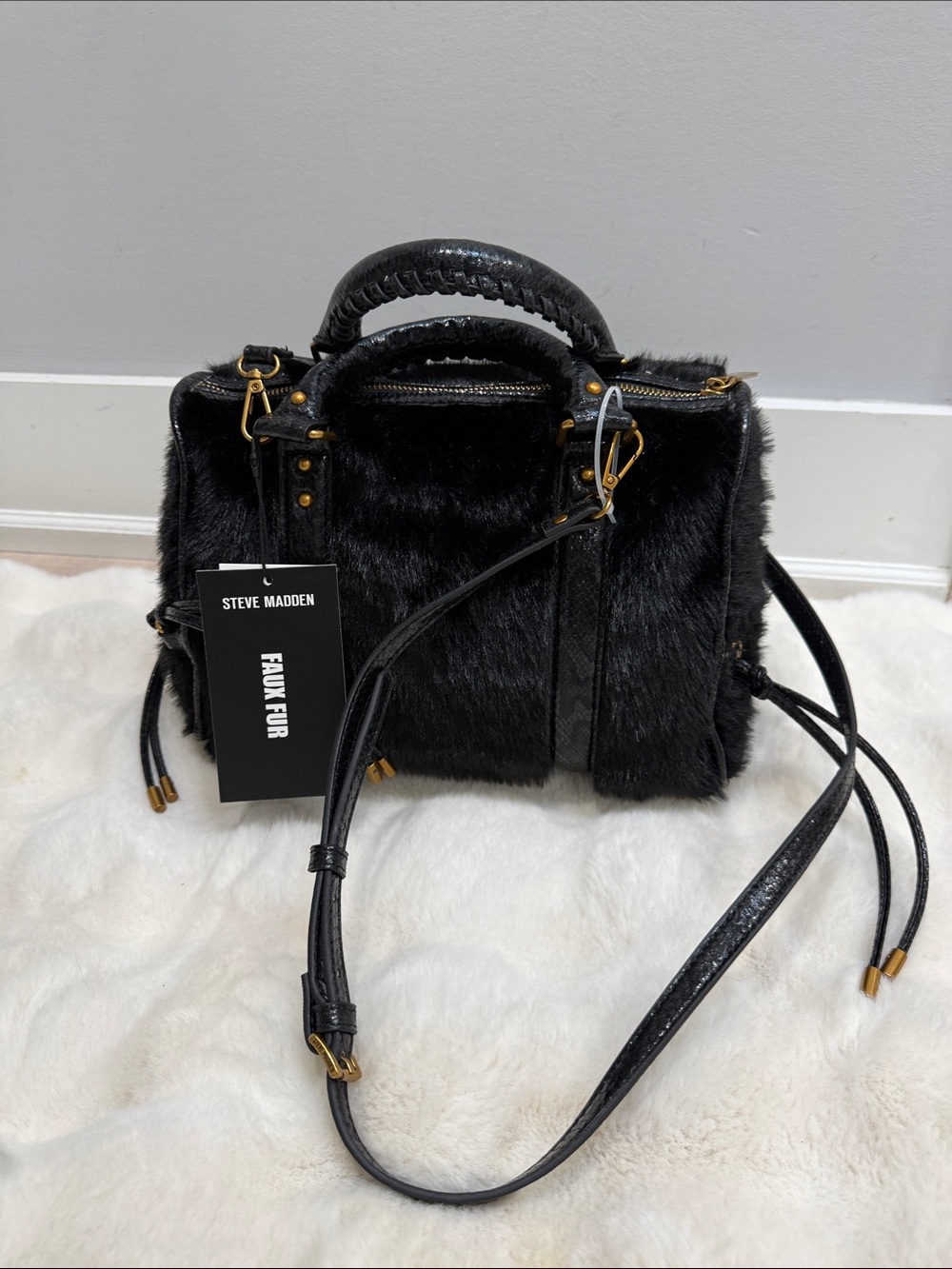 Steve Madden Black Faux Fur Satchel with Gold Hardware